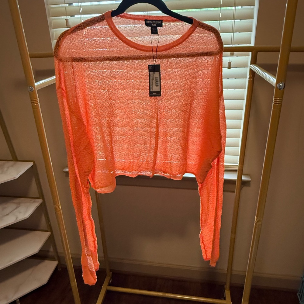 PrettyLittleThing Neon Orange Sheer Cropped Knit Sweater
